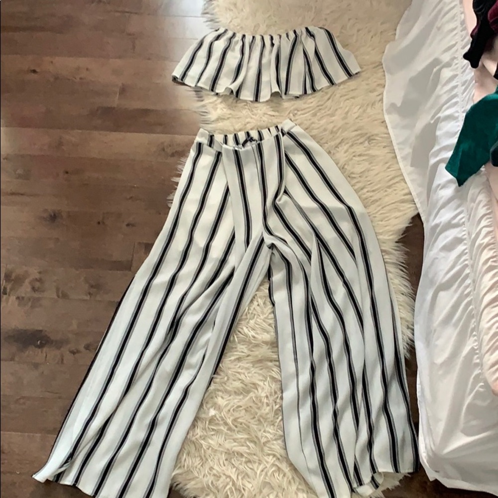 Black and White Striped Two Piece Set from Zaful